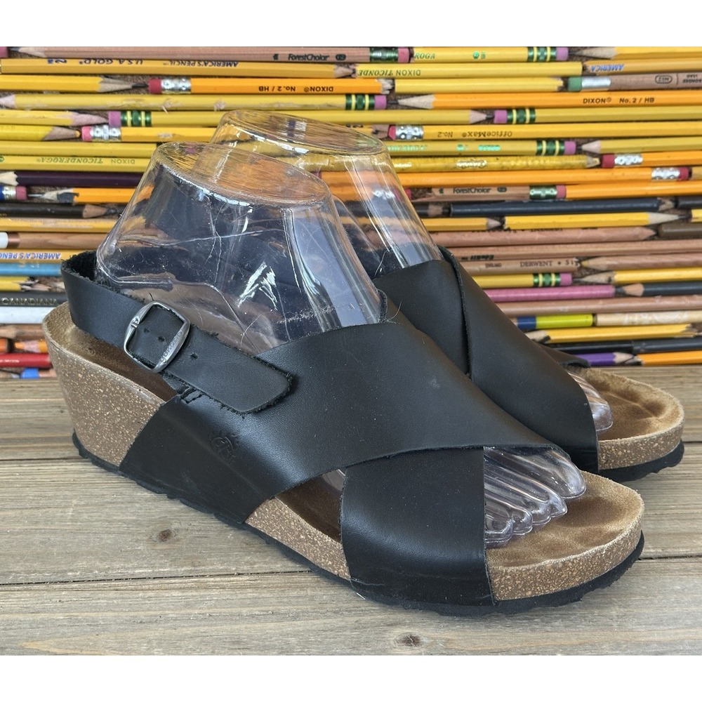 Yokono Platform Wedge Cork Sandals Black Leather Classy Summer Women's 9 / 40